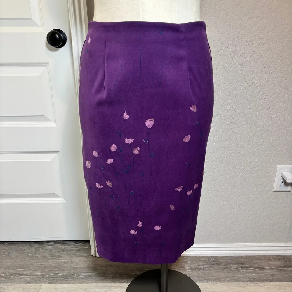 Leslie Fay Vintage Purple Floral Skirt‎ Suit Set Jacket Midi Skirt Size 14